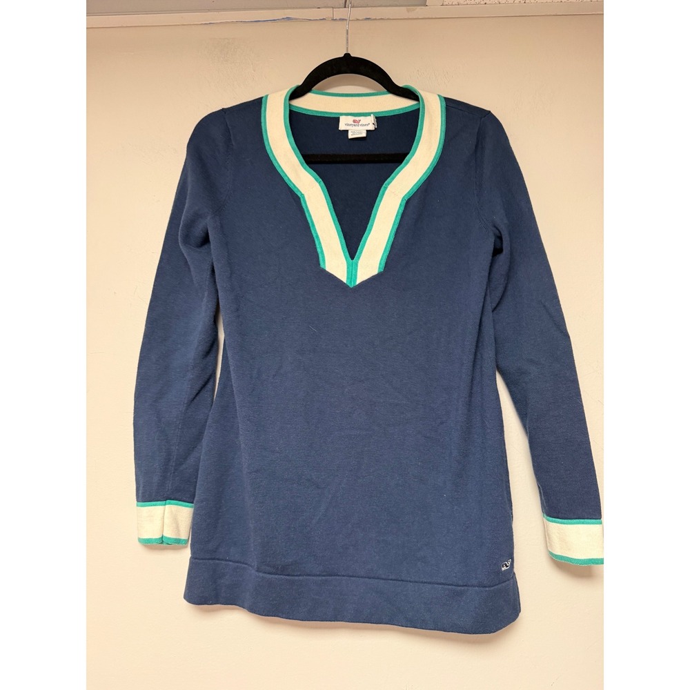 Vineyard Vines Navy Blue Wool Cotton V Neck Tunic Sweater Size S